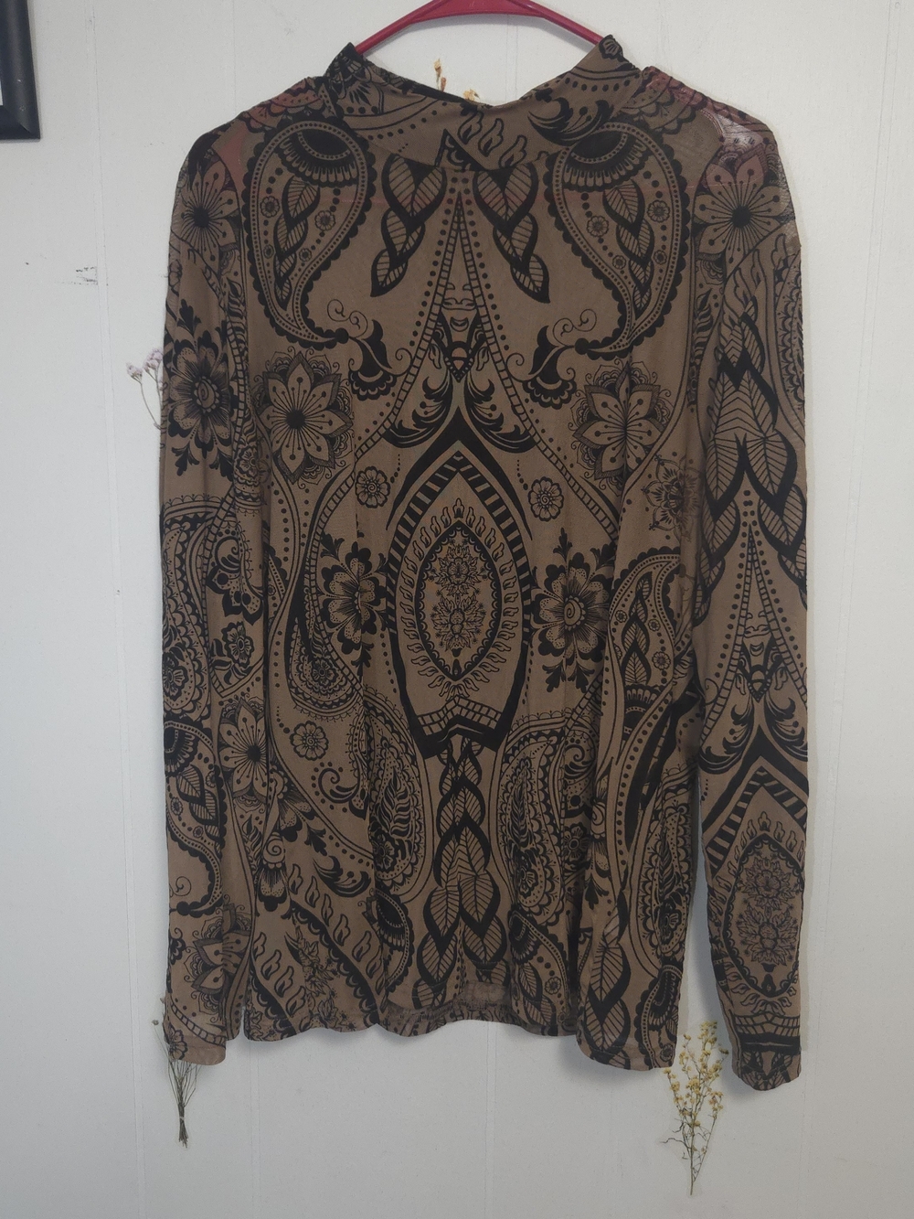 SHEIN Brown Paisley-Print Long Sleeve Sheer Blouse